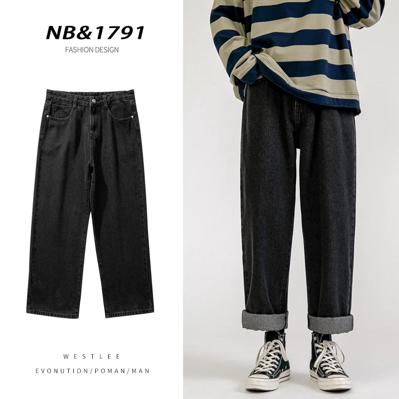 korean fashion mens baggy jeans classic all match solid color straight leg denim wide leg pants male light blue grey black unique jeans style 1152