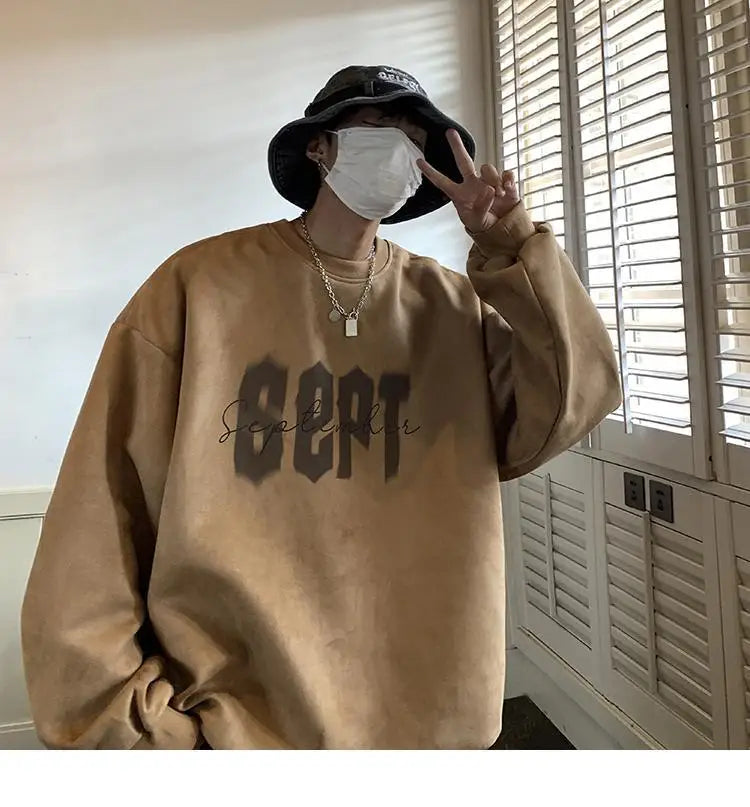 Suede Korean Trendy Round Neck Sweatshirt for Men American Retro Print Trendy Brand Autumn Loose Couple Wear Jacket Tops