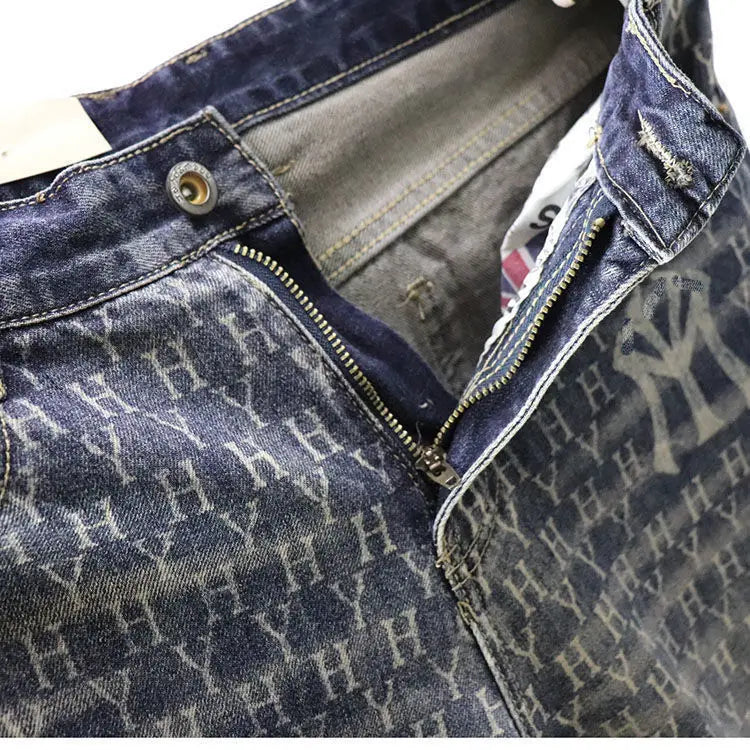 european and american fashion brand cowboy middle pants mens five point shorts non fading washed printed denim shorts unique jeans style 2066