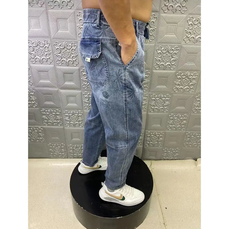 summer thin loose wide leg men jeans soft lyocell elastic fashion casual straight drawstring denim trousers black blue gray stacked flare jeans