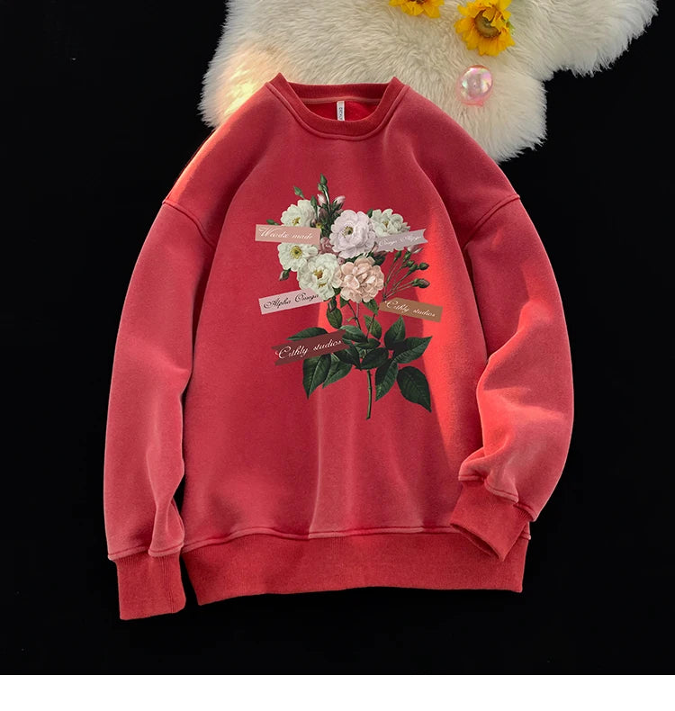 Vintage Floral Graphic Men Sweatshirt Spring Autumn Gothic Round Neck Pullover Hip Hop Streetwear Y2k Sweatshirts