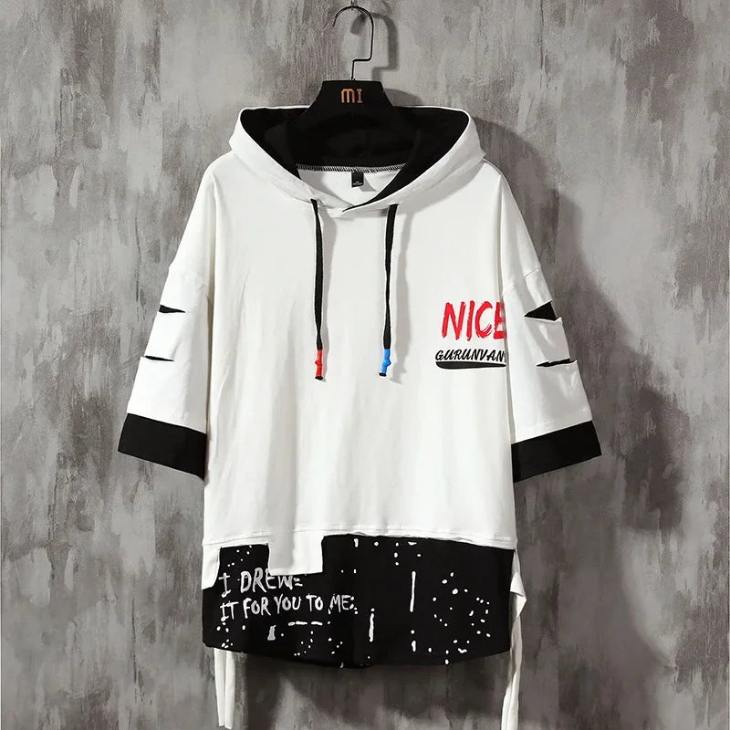 Men Fashion Ribben Hoodie Summer Short Sleeve Hoodies Mens Hoodies