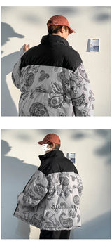 Men Japanese Streetwear Puffer Jackets 2023 Winter Mens Full Print Fashions Bubble Coat Couple Patchwork Thick Parkas