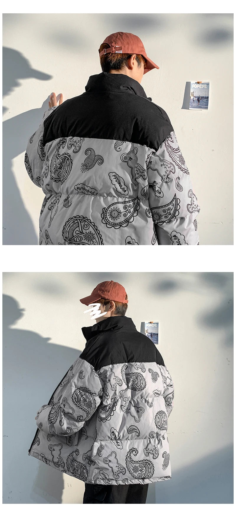 Men Japanese Streetwear Puffer Jackets 2023 Winter Mens Full Print Fashions Bubble Coat Couple Patchwork Thick Parkas