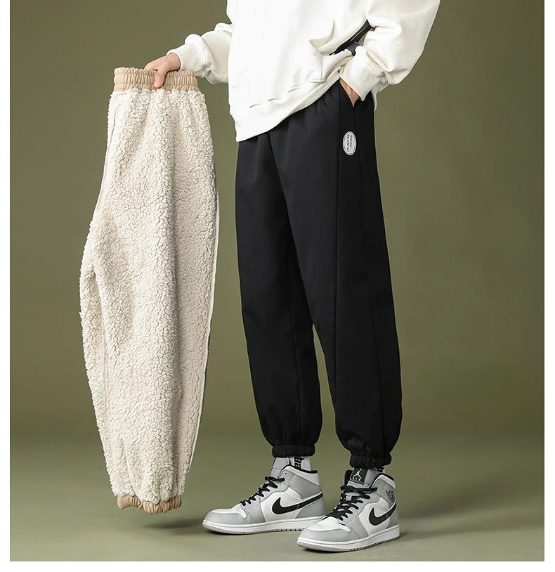 mens high street loose fit elastic waist pants winter warm fleece pants hip hop solid drawstring sportwear sweatpants joggers unique joggers style 1664