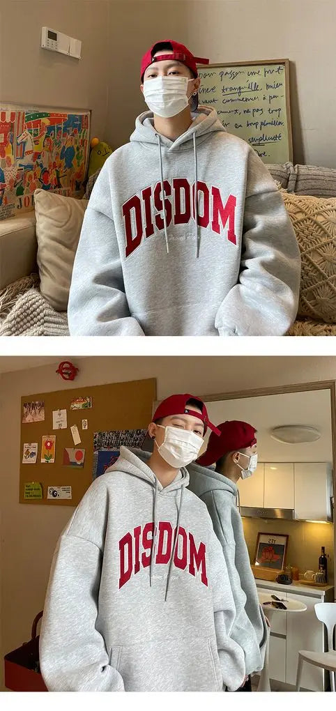 Gray Korean Style Hooded Sweatshirt Men Autumn Winter New American Trendy Brand Letter Printed Pullover Thickened Y2K Loose Top