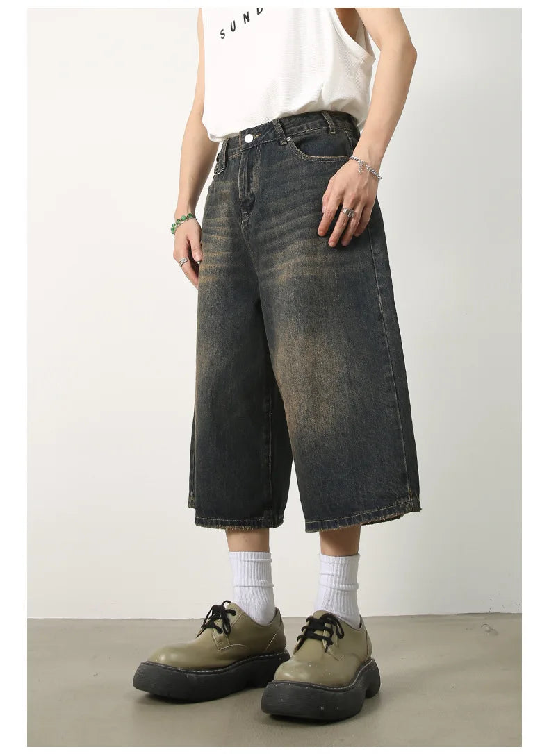 men summer streetwear fashion loose casual wide leg denim calf length jeans pants male vintage jeans baggy hosen pants unique jeans style 1510