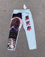 harajuku popular anime kokushibo print baggy jeans new style wide leg trouser y2k streetwear for men women high waist pants stacked flare jeans