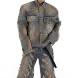 mens denim jacket jeans wilderness construction site style distressed washed holes street wear fashion versatile mens wear 2024 unique jeans style 203