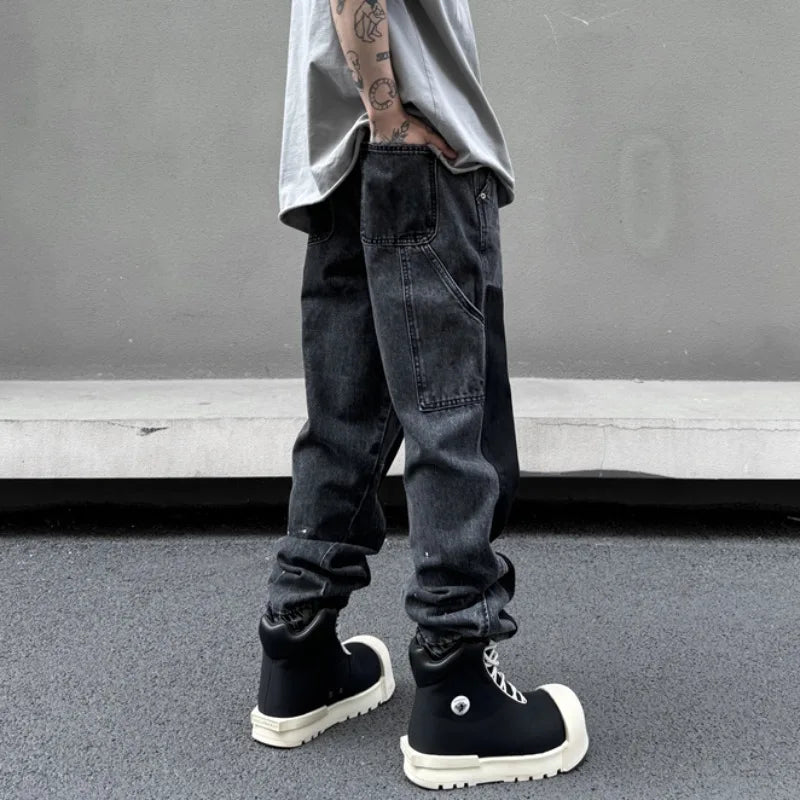 retro washed denim mens jeans pants fashion graffiti patchwork loose biker black jeans streetwear hip hop casual straight pants vintage washed jeans