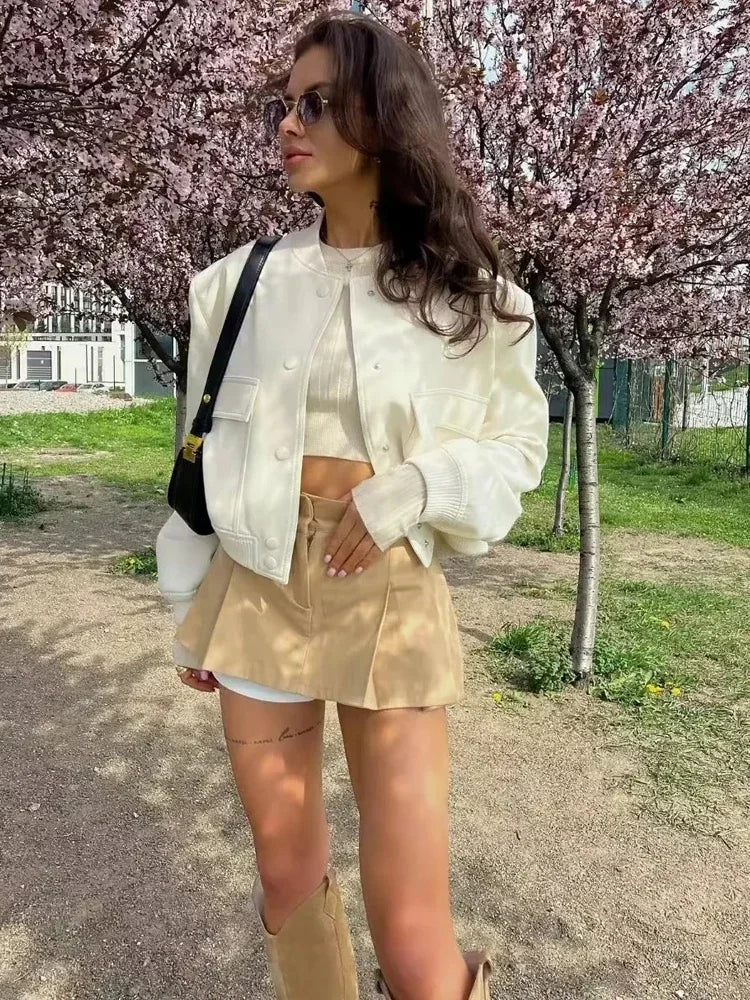 Women Bomber Jacket White Autumn And Winter Button Baseball Bomber Sho