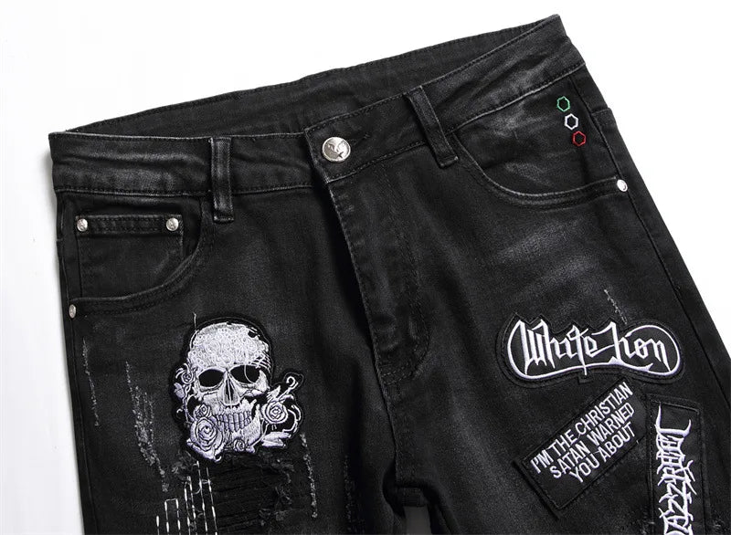 skull embroidery jeans ripped holes denim pants men zipper biker jeans streetwear slim fit y2k punk hip hop casual pants joggers unique joggers style 4167