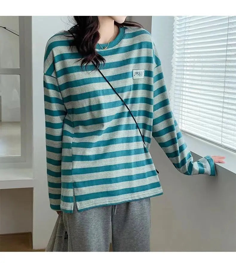Y2k Vintage print – Design Niche Slit Striped Bottoming Shirt Women Autumn And W
