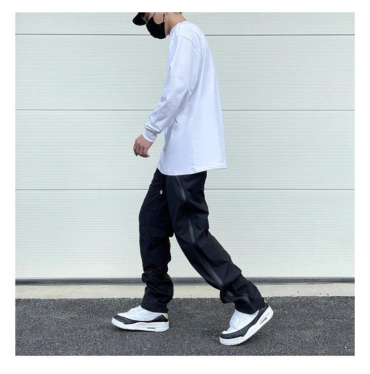 american street wear machine oversized joggers pants rubber side zipper nylon casual pants harajuku mens black track pants unique joggers style 3795