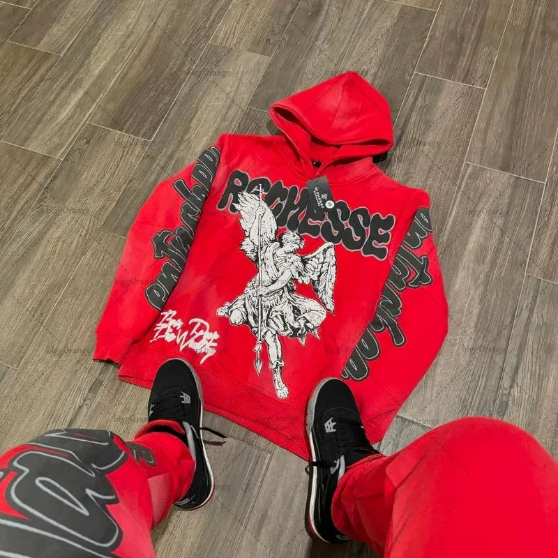 Retro Rock Punk Style Oversized Sweatshirt American Harajuku Colorful Letter Print Graphic Hoodie Men