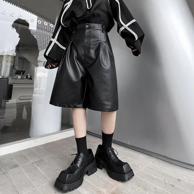 men japanses korean streetwear fashion hip hop loose casual dark black wide leg leather shorts male short pant summer street shorts