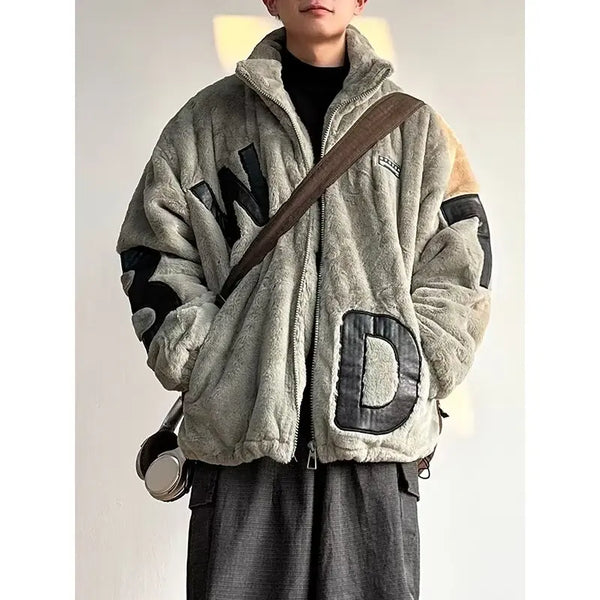 Street Lamb Wool Jacket Mens 2024 Winter Stand Collar Letter Patchwork College Parkas Fleece Warm New Thickening Couple Coats