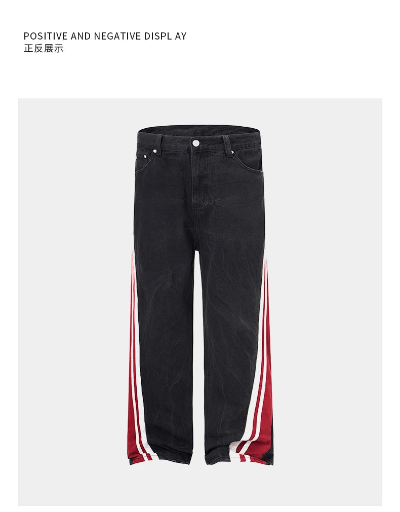 men streetwear fashion side splice hip hop loose casual wide leg straight baggy jeans pant cityboy jeans pants trousers unique jeans style 2599