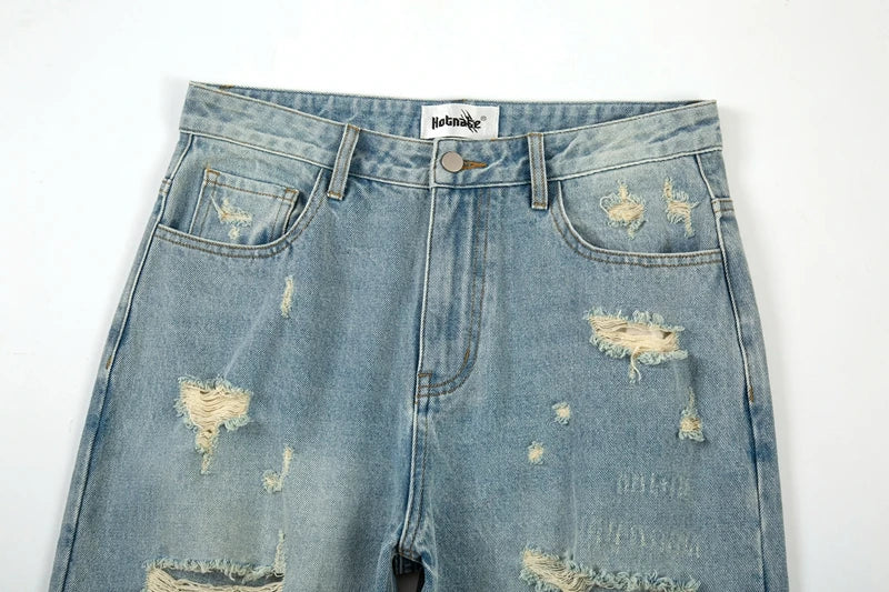 washed blue oversized torn jeans for men streetwear hip hop large destroyed wide leg jeans baggy straight ripped denim pants unique jeans style 5446