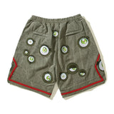 Japanese Eyes Embroidery Washed Military Green Worn Canvas Shorts for Men Summer Pockets Baggy Cargo Short Oversized