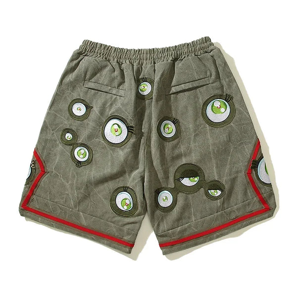 Japanese Eyes Embroidery Washed Military Green Worn Canvas Shorts for Men Summer Pockets Baggy Cargo Short Oversized