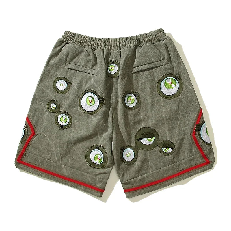 Japanese Eyes Embroidery Washed Military Green Worn Canvas Shorts for Men Summer Pockets Baggy Cargo Short Oversized