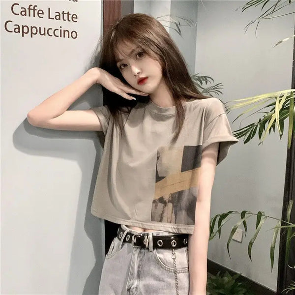 Skatercore Vintage print – New Summer New Pure Cotton Discreet Navel Baring Short Sleev