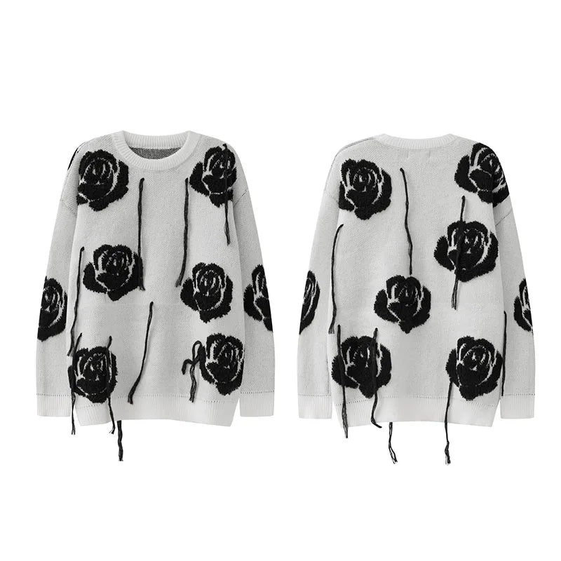 fashion floral pattern knitted sweater men new casual o neck pollover unisex harajuku y2k streetwear loose knit sweaters jumpers - bold artwork streetwear hoodie, vintage look oversized hoodie, Y2K grunge street style