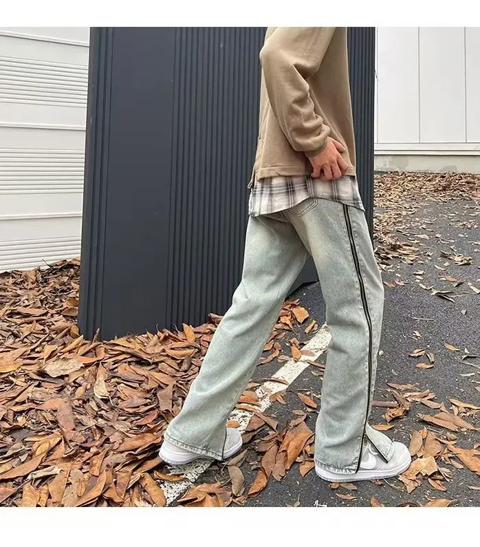 2023 new fashion side zipper hip hop men stretch jeans pants streetwear washed retro straight women denim trousers ropa hombre unique jeans style 735