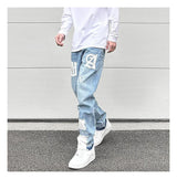 letters patckwork bottom ripped denim jeans men casual straight biker trousers fashion streetwear hip hop jean pants joggers unique joggers style 3735