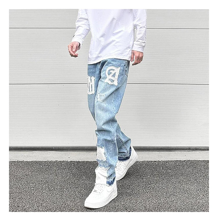letters patckwork bottom ripped denim jeans men casual straight biker trousers fashion streetwear hip hop jean pants joggers unique joggers style 3735
