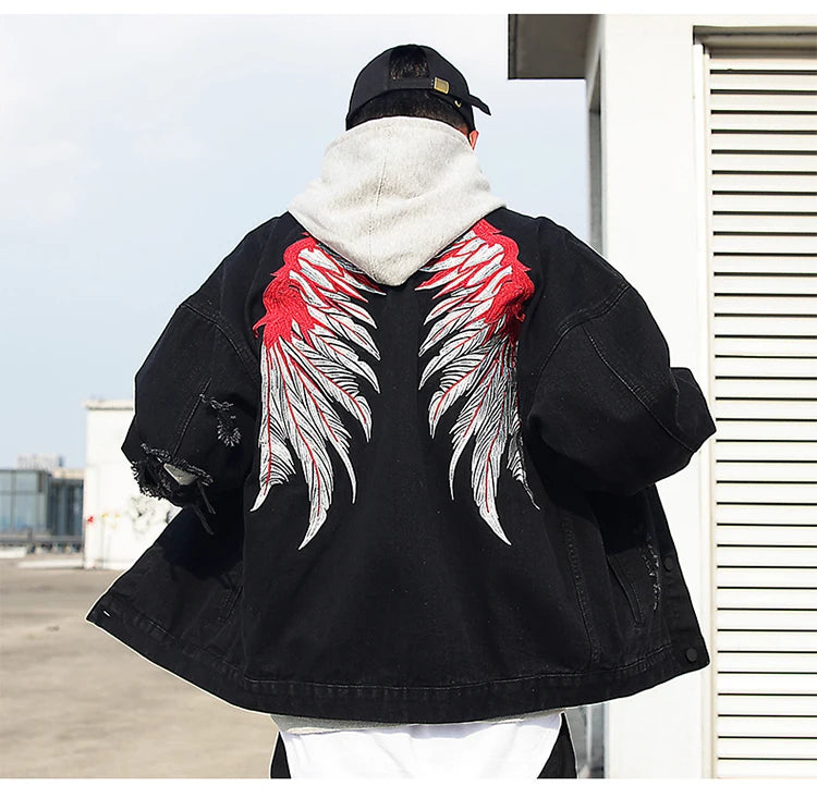 back wing embroidery denim jacket coat mens fashion hip hop harajuku jean coats outerwear casual streetwear jeans baggy jacke - variant style 6ac848 for streetwear fashion
