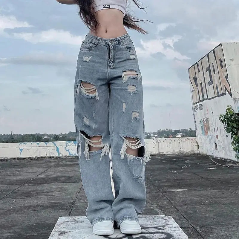 streetwear straight pants ladies ripped jeans mid waist loose wide leg pants ladies jeans y2k summer high street cargo pants unique cargo style 2734
