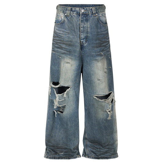 mens baggy jeans blue distressed ripped loose denim pants streetwear oversized hip hop jeans trousers unique jeans style 618