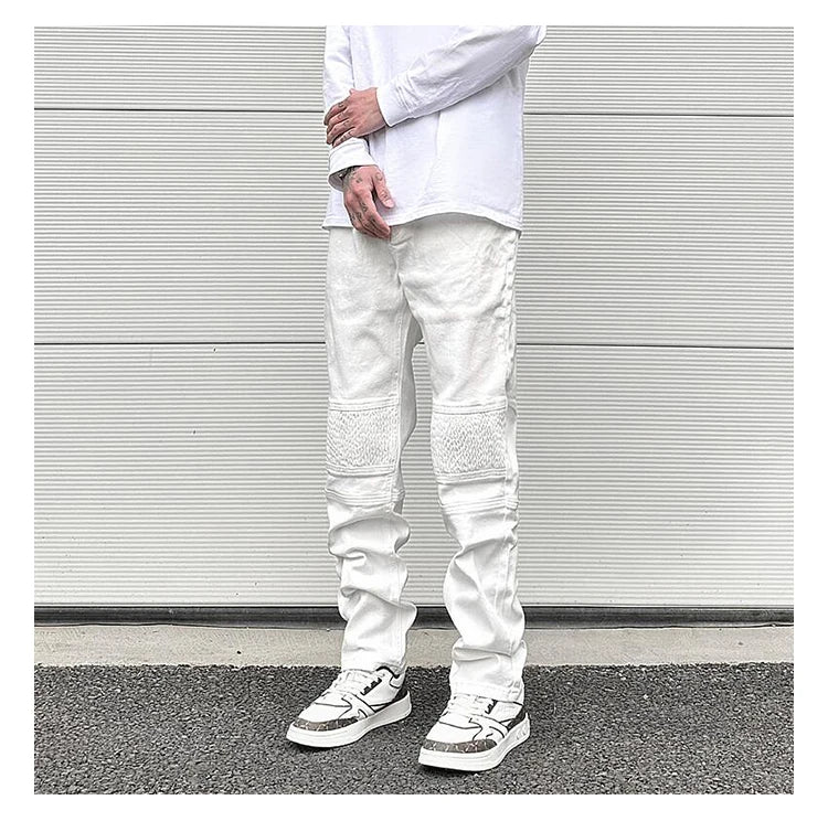 high street white knee pleated vertical stripe elastic fit skinny jeans male casual small leg jeans pants slim mens clothing unique jeans style 3659