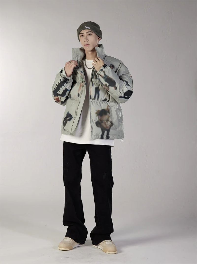 Hip Hop Jacket Parka Human Graffiti Print Men Winter Windbreaker Streetwear Harajuku Padded Jacket Coat Warm Outwear Hipster New