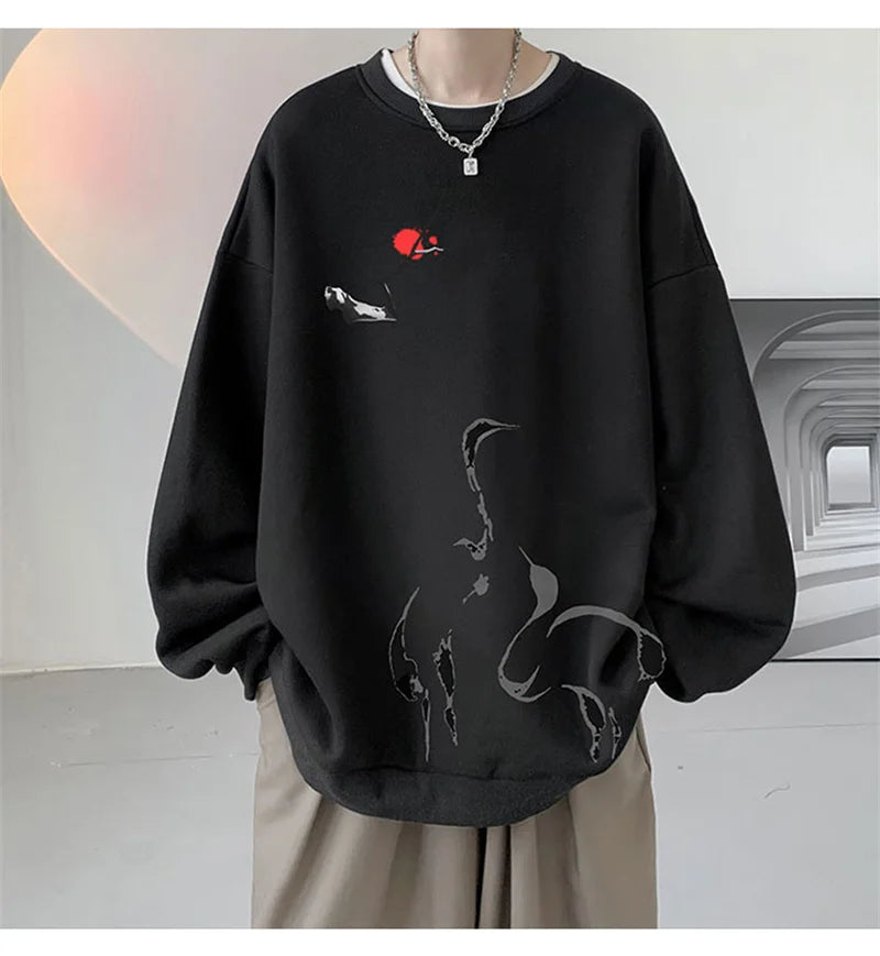 Ink Painting Cartoon Crane Printed Pullover Hoodies For Men 2024 New H