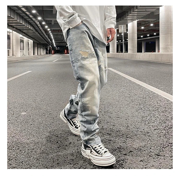 original tie dyed ripped flared denim jean for men streetwear washed hole casual stacked jeans pants mens slim fit jeans 2023 unique jeans style 3749