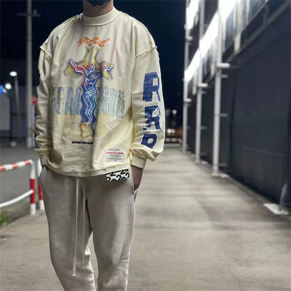 24SS RRR123 Brand Fashion Letter Print High-Street Cotton Casual Loose Long Sleeve Tee Pullover Sweatshirt For Men