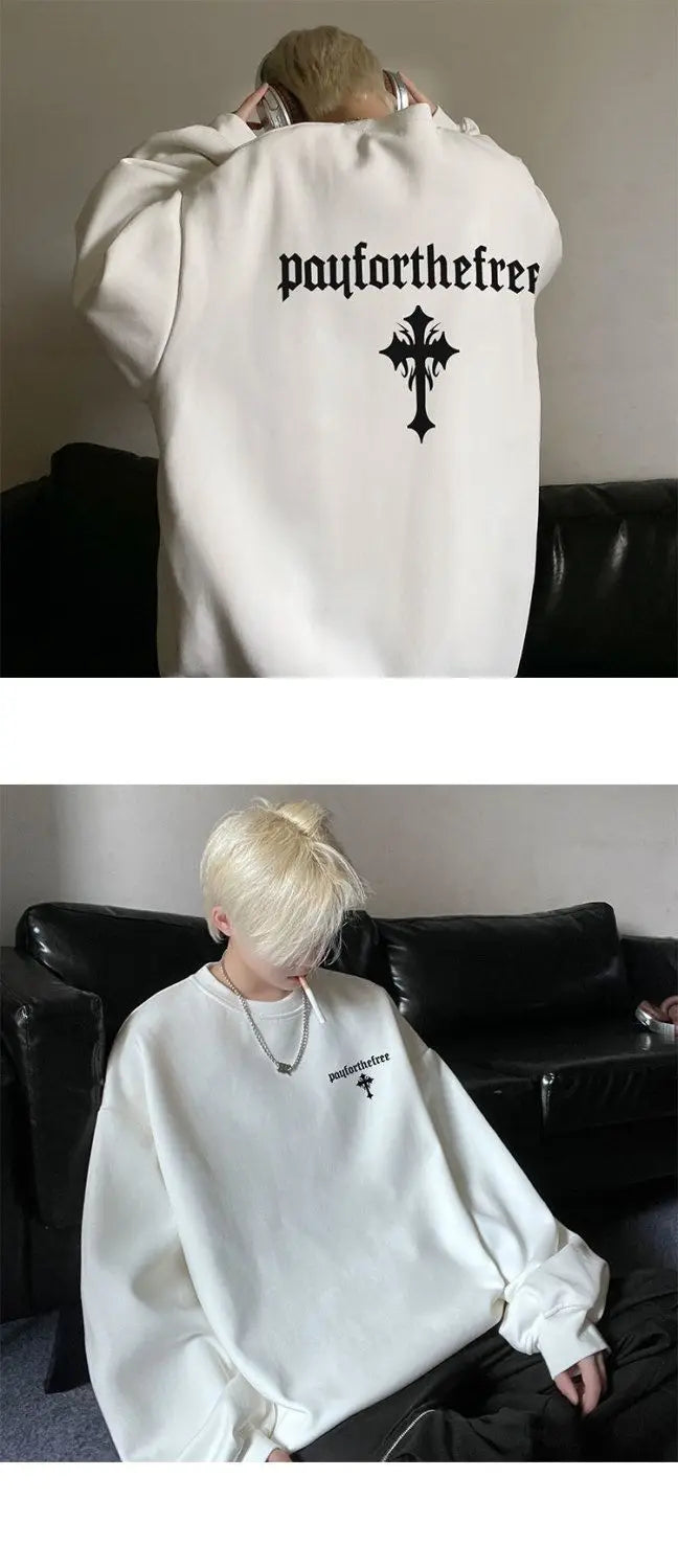 High-end Korean Round-neck Printed Sweatshirt for Men Autumn Trend Y2K High Street American Style Retro Heavyweight Jacket Top