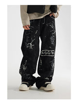 fashion graffiti printed denim jeans men unisex casual zipper wide legs straight jeans streetwear hip hop baggy pants joggers unique joggers style 5097
