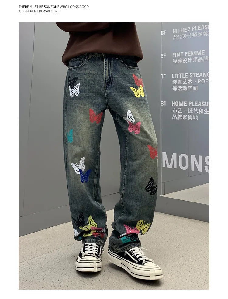 butterfly print jeans men streetwear fashion vibe loose casual hiphop straight washed denim pant jeans cityboy teen trousers unique jeans style 2679