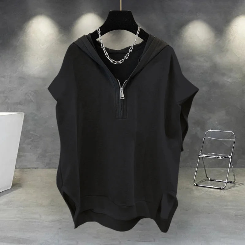 Glitchcore Barcode glitch – Summer Zipper Hooded Sleeveless T Shirt Mens Korean Fashion