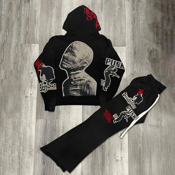 y2k vintage mummy graphic digital drawstring casual sports pants women street autumn winter set print hooded men sweatshirts minimalist street pants