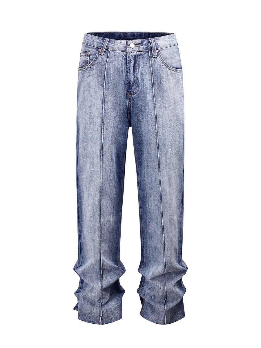 american vintage trendy deconstructed ruffled denim jeans mens flared distressed jeans pants high street straight jeans for male unique jeans style 782