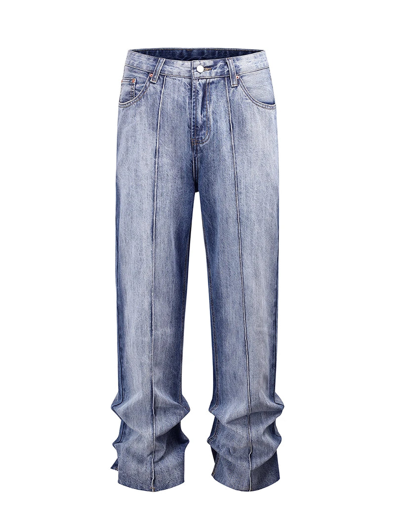 american vintage trendy deconstructed ruffled denim jeans mens flared distressed jeans pants high street straight jeans for male unique jeans style 782