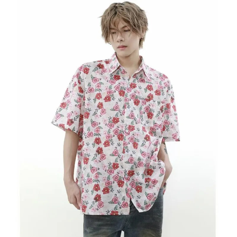 summer harajuku set mens flower print casual short sleeved top gradient straight leg jeans 2 pcs set high street trendy suit unique jeans style 4785