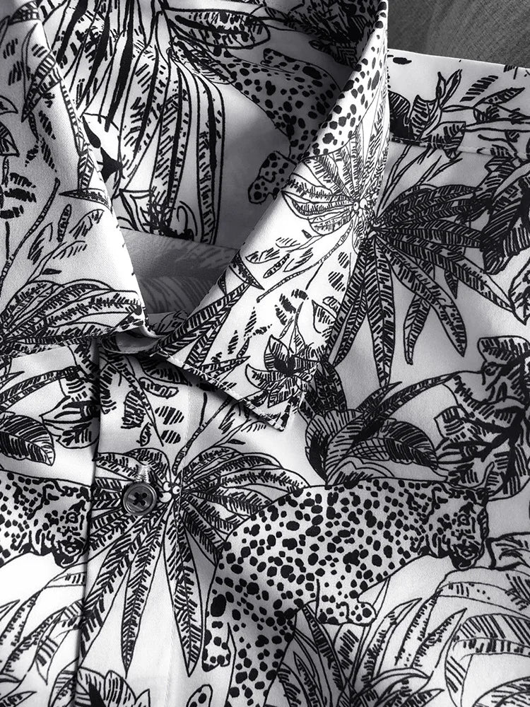 New 2021 luxury Men Classic Sketch jungle Leopard Fashion 50% Silk Casual Shirts Shirt high quality Pocket Short sleeves #A47