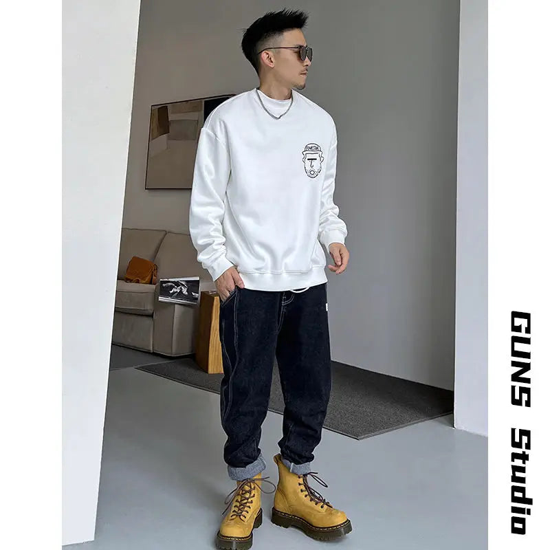 Spring and Autumn Korean Style New Style Men's Round Neck Sweatshirt American Ins Casual Loose Cartoon Print Jacket Warm Top