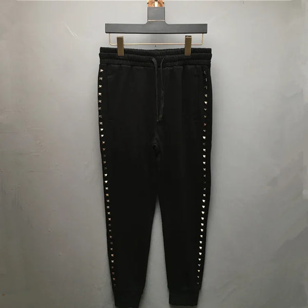 high new novelty luxury men 21 classic side metal rivets pockets comfortable cotton parkour sweat casual pants sweatpants d47 relaxed fit joggers